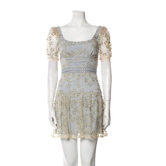 NWOT Self-Portrait Short Sleeve Chiffon Midi Dress gold Light Blue - Picture 9 of 11